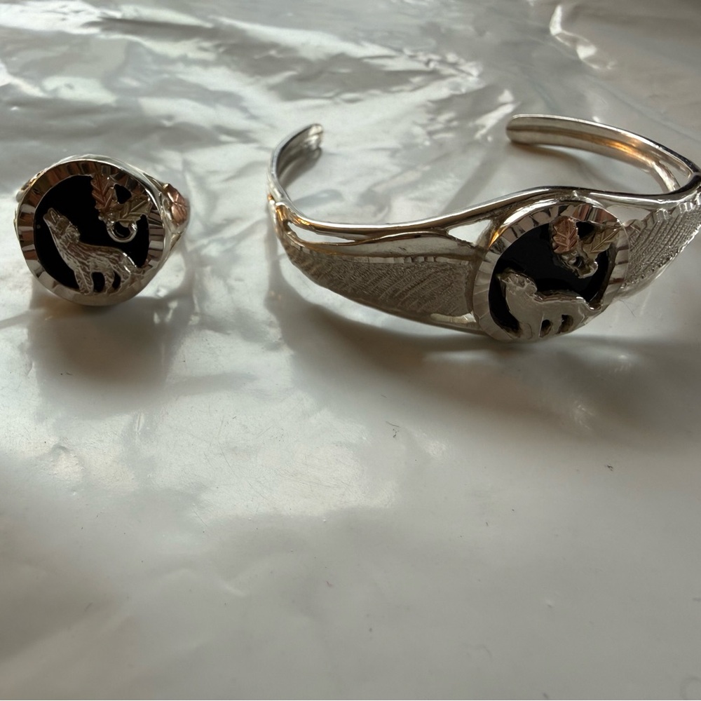 Native American Silver and Black Wolf Jewelry Set